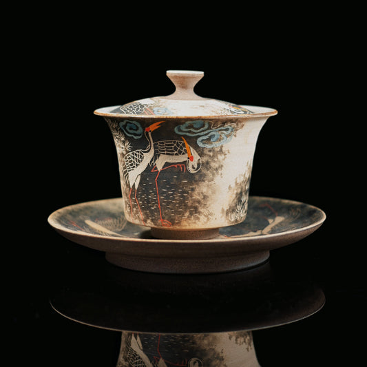 Jingdezhen Hand-Carved and Hand-Painted Cranes Gaiwan Set