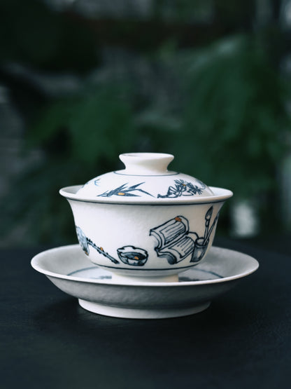 Saanwu Studio Jingdezhen handcrafted three-talents gaiwan set with matt glaze and pine tree pattern