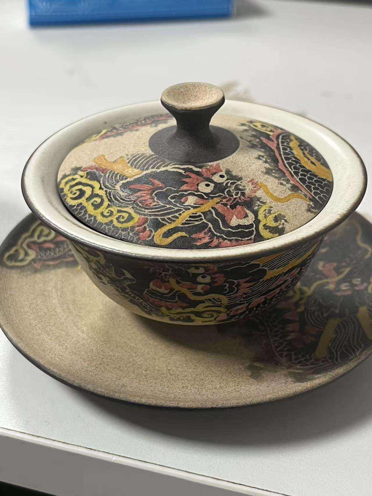 Jingdezhen Hand-carved and Hand-Painted Dragon Clay Gaiwan