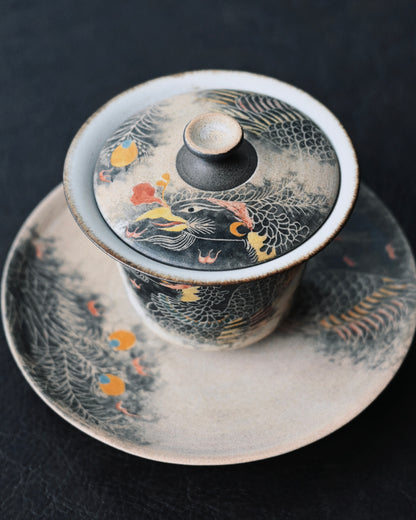 Jingdezhen Phoenix Rising Handbemaltes Gaiwan-Set aus Ton