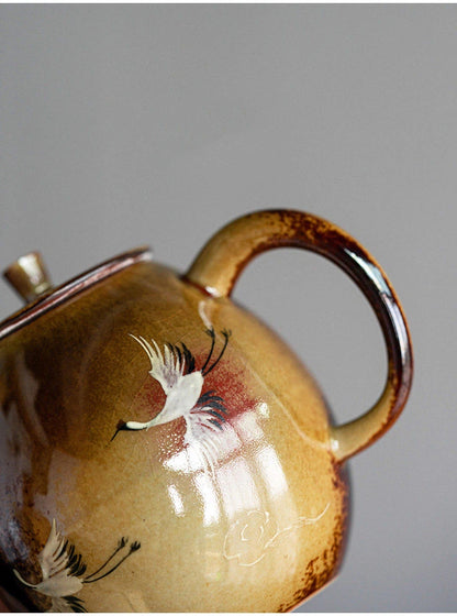Théière Dragon Egg de Jingdezhen en bois, peinte à la main, grue sous glaçure