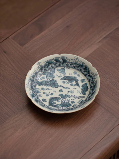 Jingdezhen Handbemalter Fisch- und Algen-Teeteller / Topfuntersetzer mit Krakelee-Glasur