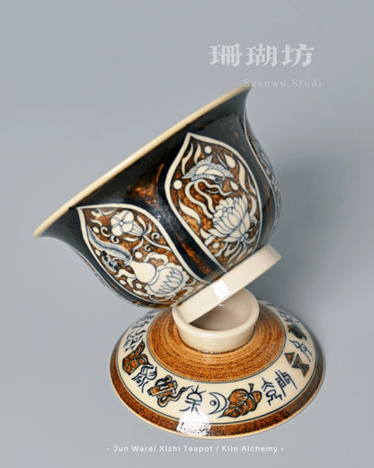 Hand-painted lidded bowl created entirely by skilled Jingdezhen artisans using traditional methods