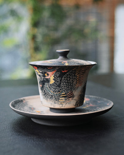 Jingdezhen Phoenix Rising Handbemaltes Gaiwan-Set aus Ton