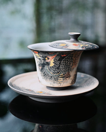 Jingdezhen Phoenix Rising Handbemaltes Gaiwan-Set aus Ton