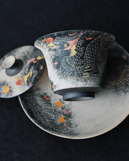 Jingdezhen Phoenix Rising Handbemaltes Gaiwan-Set aus Ton