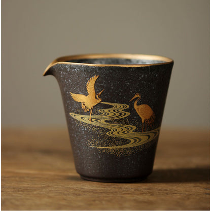 Tasse à thé en céramique vintage fabriquée à la main à Jingdezhen, avec double grue peinte à l'or