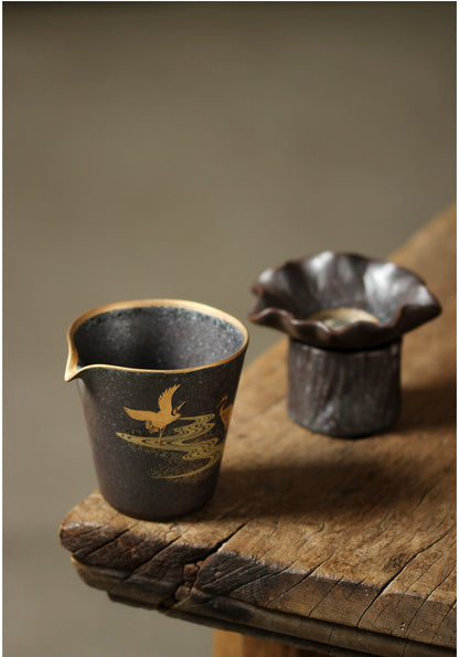 Gaiwan double grue dorée vintage fait main Jingdezhen