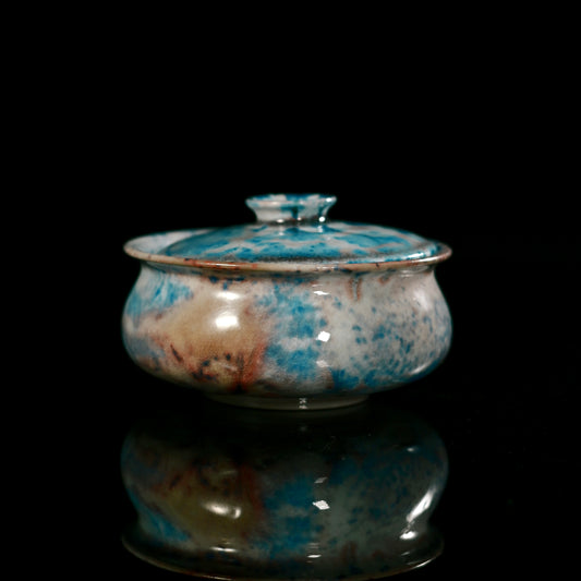 Handmade Jingdezhen lidded bowl with kiln-transformed crystal glaze in blue and crimson.