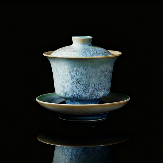 Handmade Jingdezhen gaiwan featuring a pine-needle kiln-change glaze with natural transmutation patterns and traditional Chinese craftsmanship.