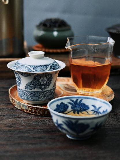 Hand painted blue and white under glaze vintage tea set from Jingdezhen