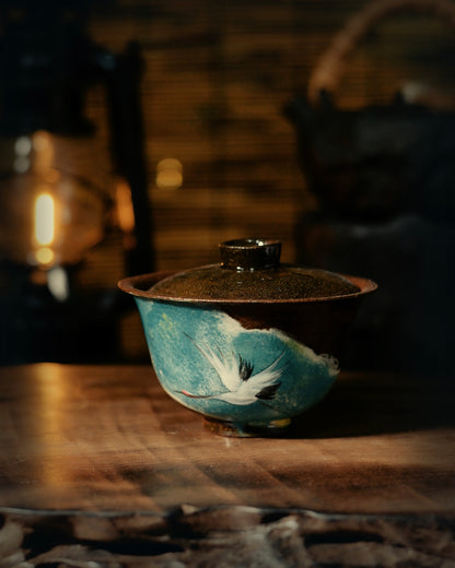Jingdezhen coarse pottery gaiwan with blue painted panel