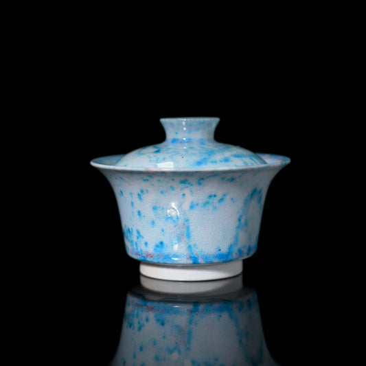 Jingdezhen handcrafted soda glaze gaiwan with turquoise crystalline patterns formed by wood kiln firing