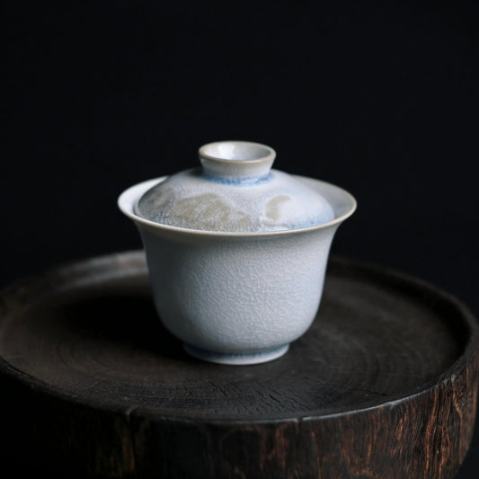 Jingdezhen handmade wood-fired gaiwan with crystalline blue glaze, 80ml capacity for personal tea sessions