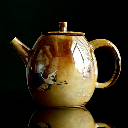 Théière Dragon Egg de Jingdezhen en bois, peinte à la main, grue sous glaçure