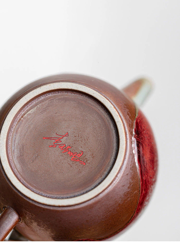 Handcrafted Jingdezhen wood-fired underglaze red teapot with natural kiln color variations
