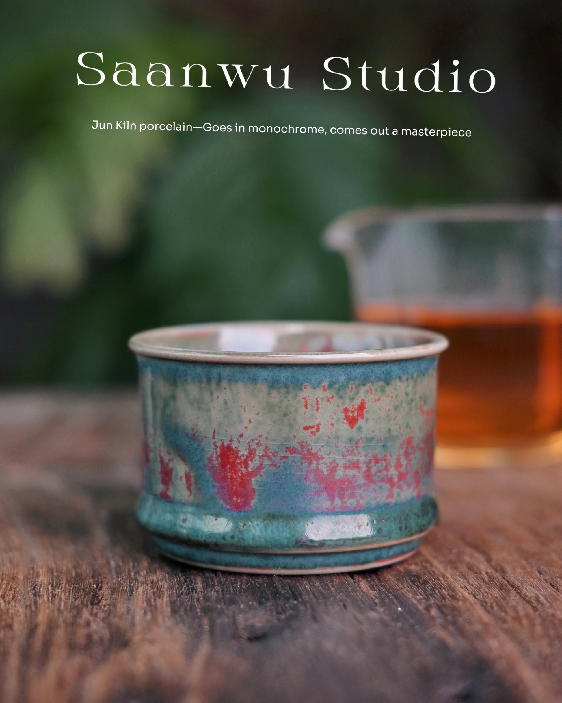 Handcrafted Jun ware bamboo shape teacup with magical green flambé glaze, horsehoof shape, and crackled texture for Chinese tea ceremony