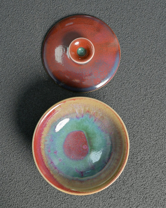 Wide-mouth Jun ware gaiwan top view with galaxy-like glaze interior