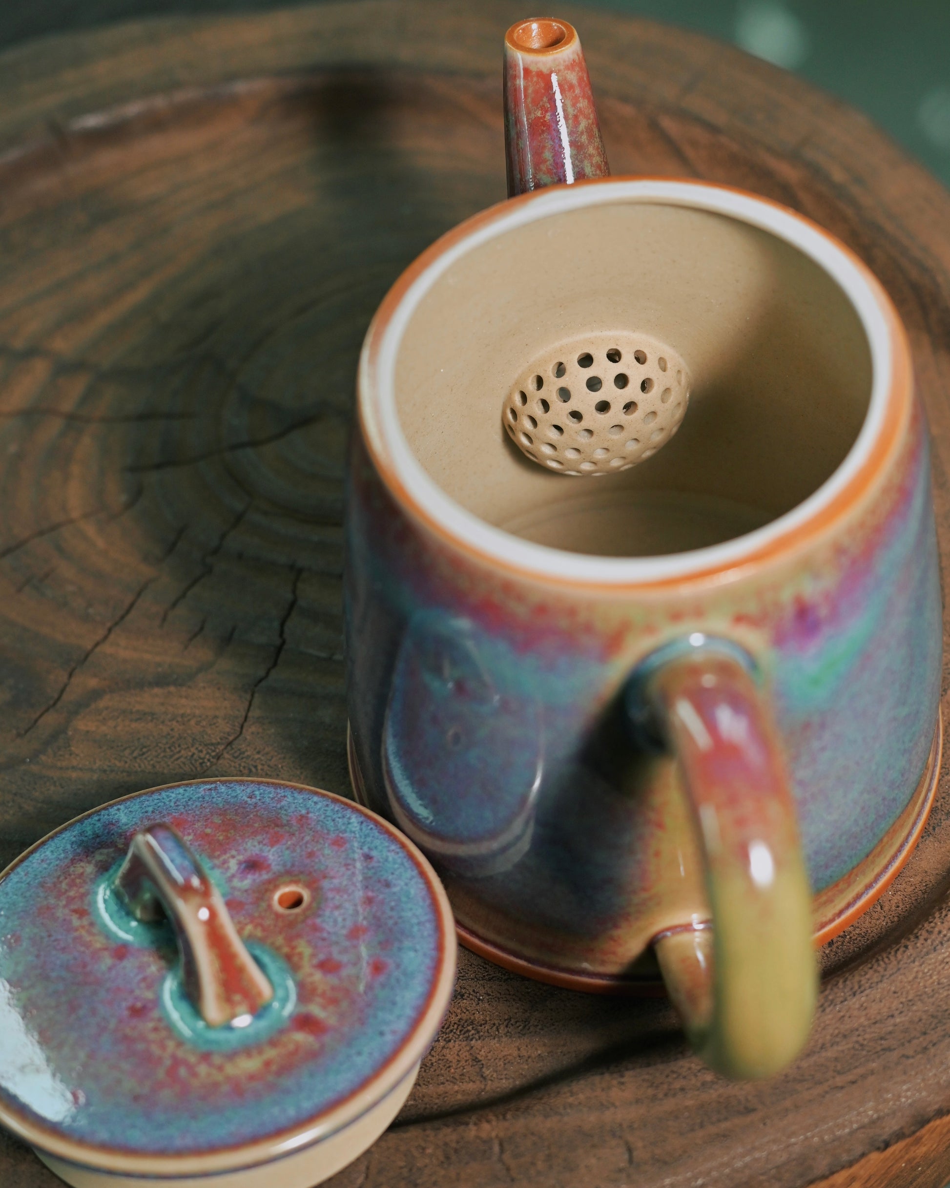 Jun ware mineral glaze color flow patterns formed spontaneously during kiln cooling process