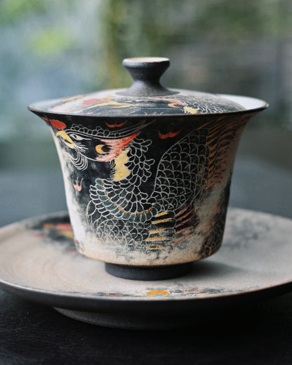 Jingdezhen Phoenix Rising Handbemaltes Gaiwan-Set aus Ton