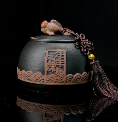 Boîte à thé en céramique grossière rétro de style chinois / Boîte à thé à motif poisson