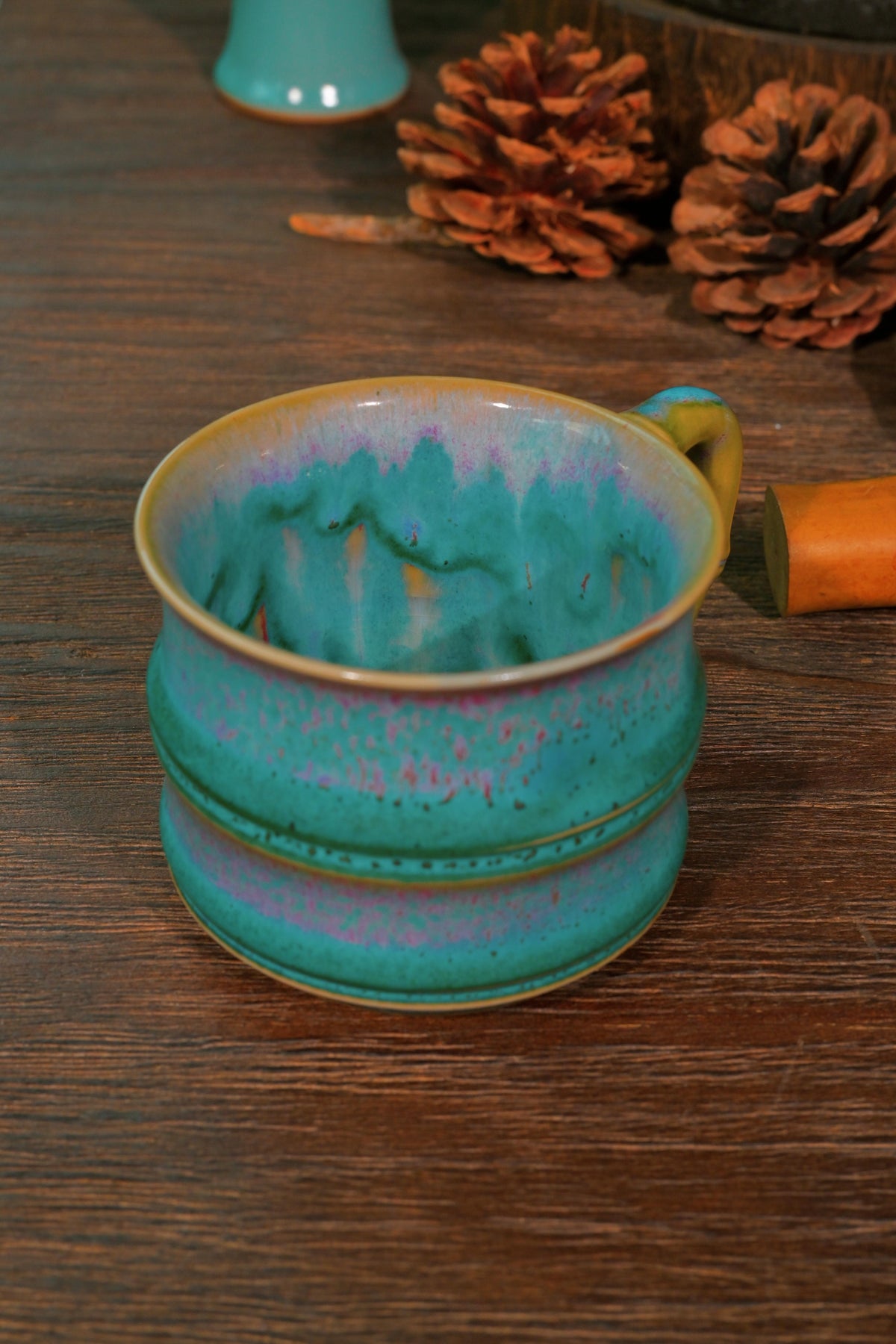 Artist signed Jun kiln 180ml coffee mug with peacock blue-green yaobian glaze flow