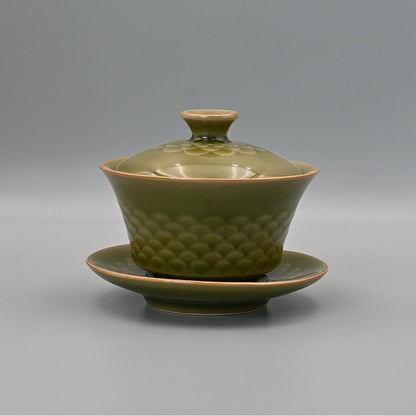 Gaiwan (bol à thé) en céladon Longquan à glaçure vintage motif écaille de poisson