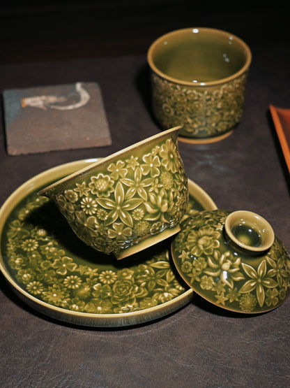 Longquan Celadon "Hundred Flowers" Relief-Carved Three-Piece Gaiwan Set