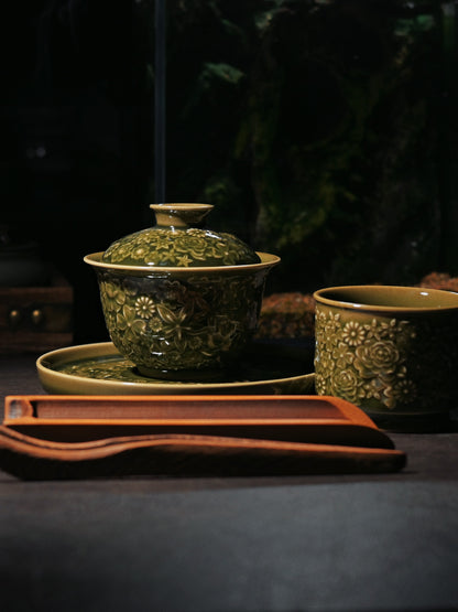 Longquan Celadon "Hundred Flowers" Relief-Carved Three-Piece Gaiwan Set