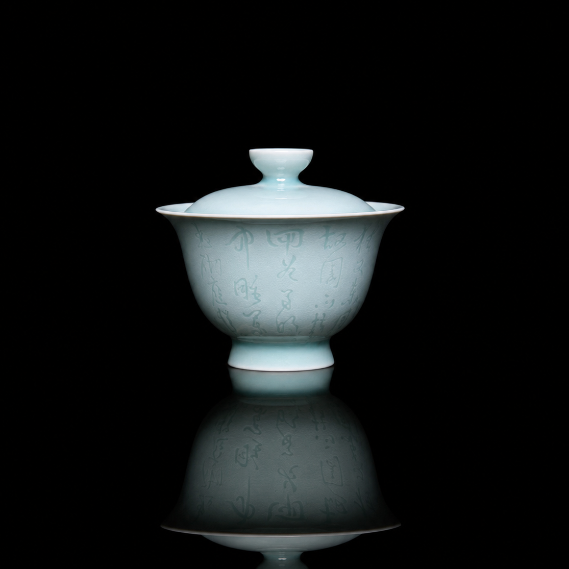 Longquan Celadon Thin Porcelain Calligraphy Gaiwan