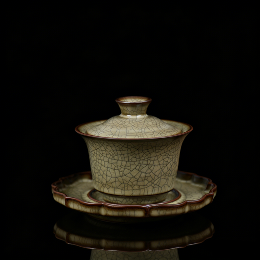 Longquan celadon GE artistry antique three-piece set, exquisite for serving tea in style or as a decorative piece.