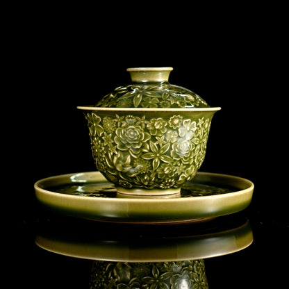 Longquan Celadon "Hundred Flowers" Relief-Carved Three-Piece Gaiwan Set