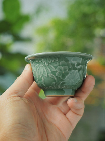 Longquan Celadon Plum-Green Relief-Carved Flowers Press Hand Teacup