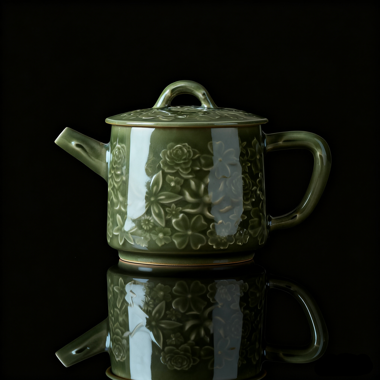 Longquan Celadon Handmade “Hundred Flowers” Relief-Carving Teapot