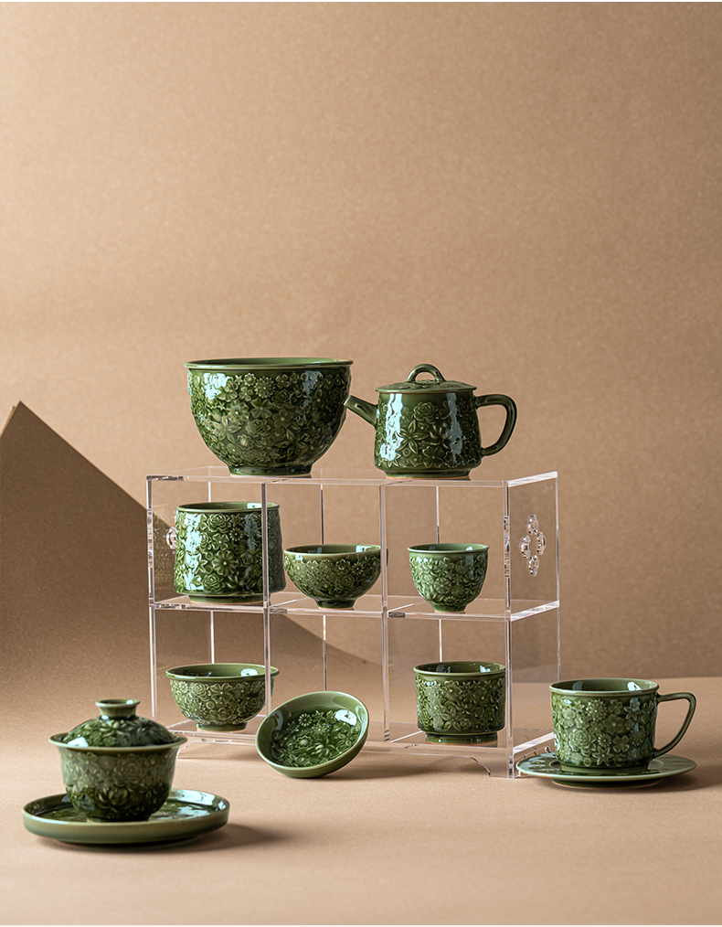 High-quality celadon teapot with raised floral design