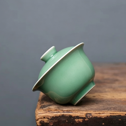 Classical Song dynasty style Longquan celadon tea vessel with rich plum green glaze for Gongfu tea