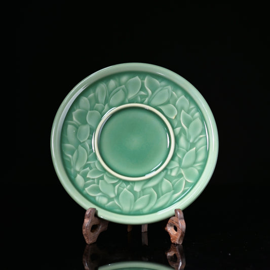 Hand carved magnolia flower relief Longquan celadon plum green teapot tray stand, traditional Chinese kung fu tea ceremony saucer display