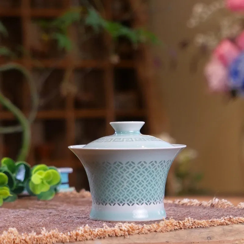 Longquan Celadon Pierced Linglong Slender Waist Gaiwan 120ml