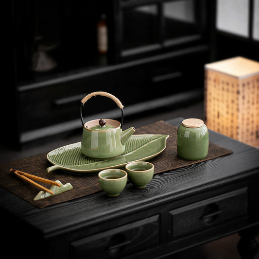 Vintage Celadon Plum Green Tea Set Teapot tea cup and tea tray