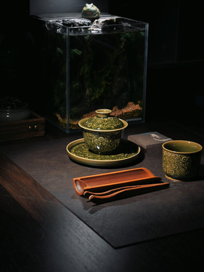 Longquan Celadon "Hundred Flowers" Relief-Carved Three-Piece Gaiwan Set