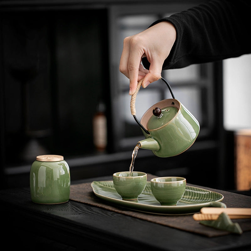 Longquan celadon plum-green glaze handle teapot set 5 pcs in 1
