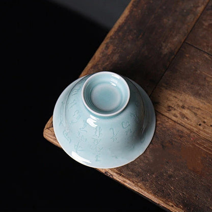Bottom view showing the finely finished foot ring of a handcrafted Longquan Celadon Thin Porcelain Gaiwan.