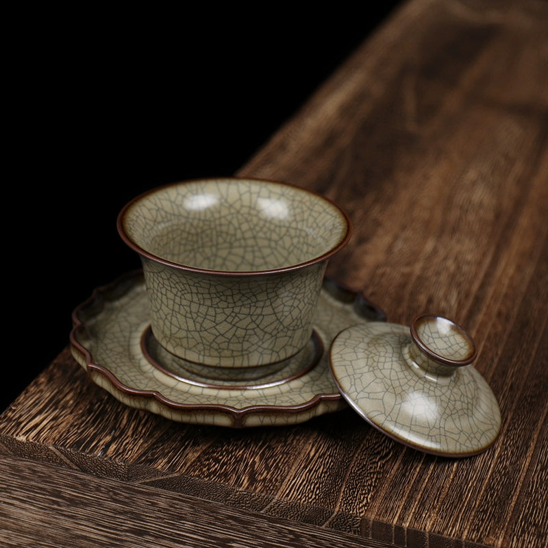 Longquan GE ware celadon vintage three-part tea set, ideal for daily tea brewing or special occasions.
