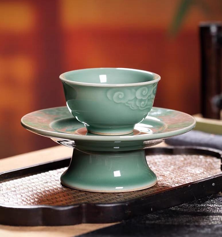 Longquan Celadon Song Dynasty-Style Teacup with High-Footed Saucer