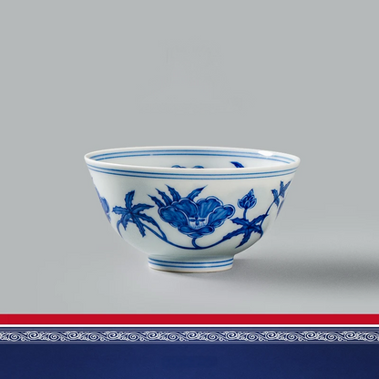 Museum-quality reproduction master cup with Ming-style blue and white lotus motif, hand-executed on Jingdezhen kaolin using traditional thin-body techniques and vibrant underglaze cobalt.