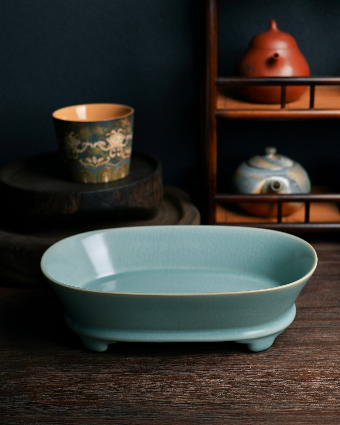 Museum reproduction Ru ware basin with six pin marks and crab claw patterning, combining historical accuracy with modern tea culture function
