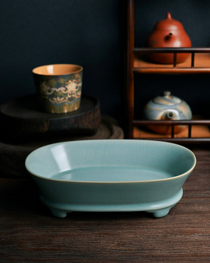 Museum reproduction Ru ware basin with six pin marks and crab claw patterning, combining historical accuracy with modern tea culture function