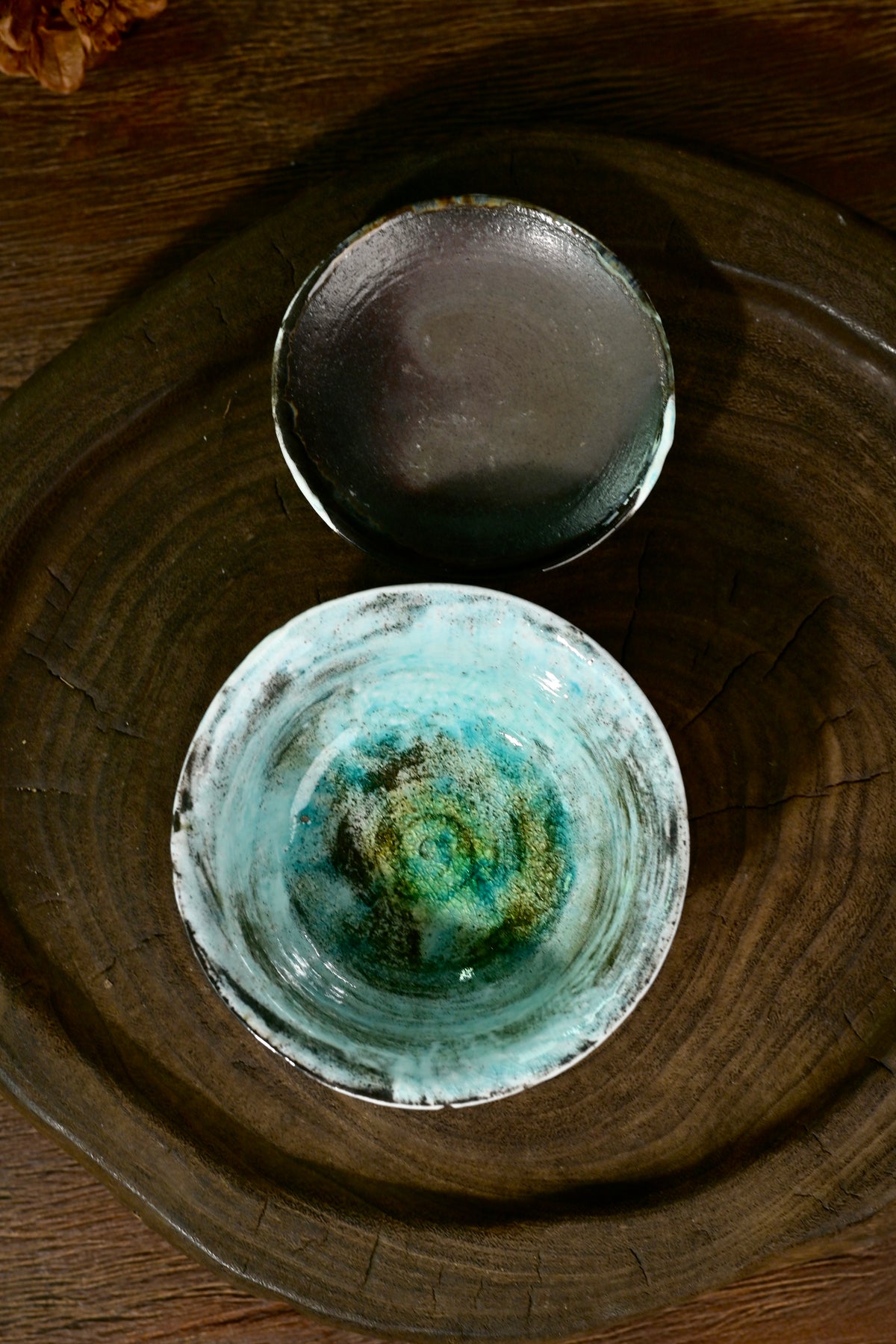 One-of-a-kind wood-fired soda kiln blue tea bowl with matching lid and saucer 100ml