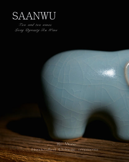 SAANWU oriental desktop ornament Ru Ware sky blue elephant statue, handcrafted ceramic tea pet for study and tea table display
