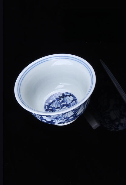 Blau-weißes Porzellan Gastgeber Teetasse mit Lotus Teich und Reiher Design